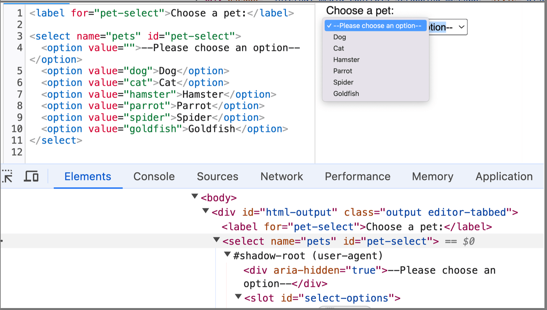 Inspecting a select element in DevTools, showing the Shadow DOM nodes in the inspector.
